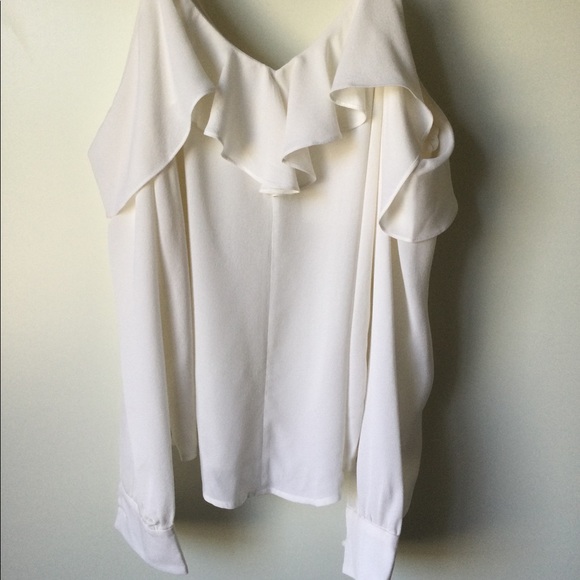 NWT A.L.C. Felix Silk Cold Shoulder Long Sleeve Ruffle Top Blouse Gesso 6 $325 - Picture 11 of 11